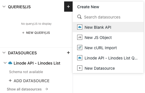 Menu for creating a query for the example application