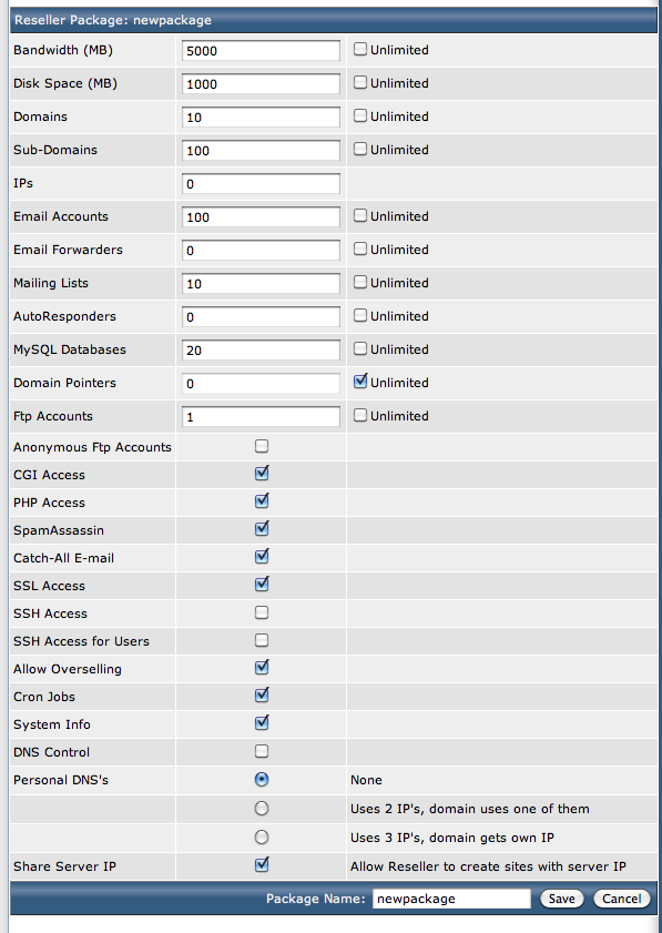 DirectAdmin Add Package screen.