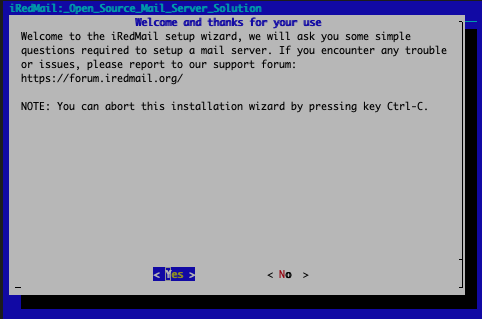 The iRedMail install script welcome screen